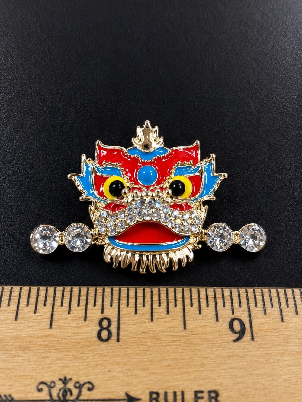Chinese Lion Dance Brooch Enamel Rhinestone Gold Tone Pin